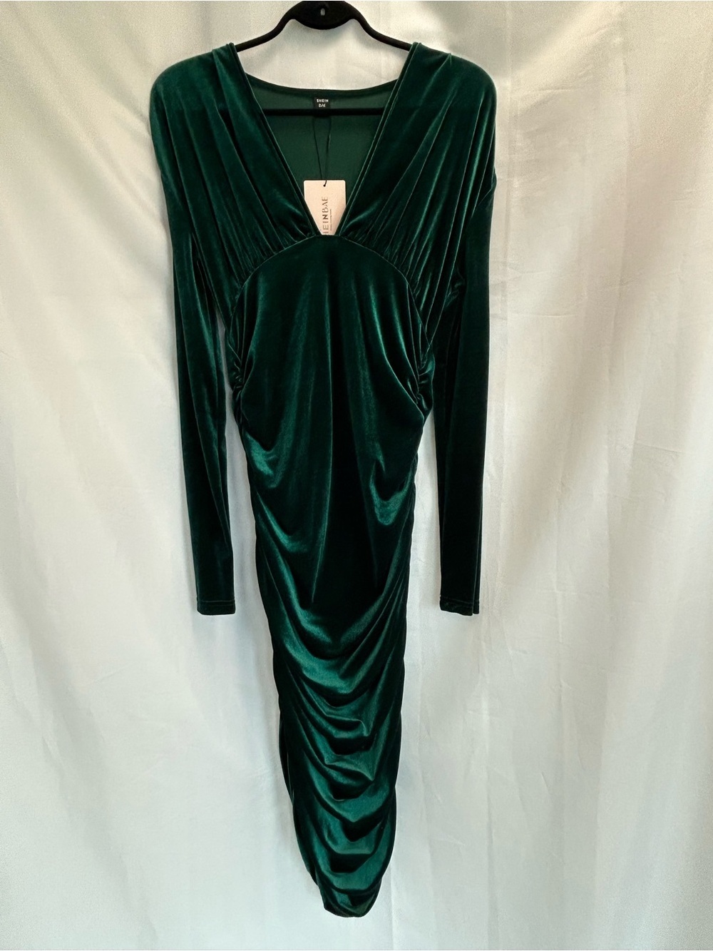 Emerald Green V-Neck Velvet Ruched Midi bodycon cocktail Dress Sz L NWT